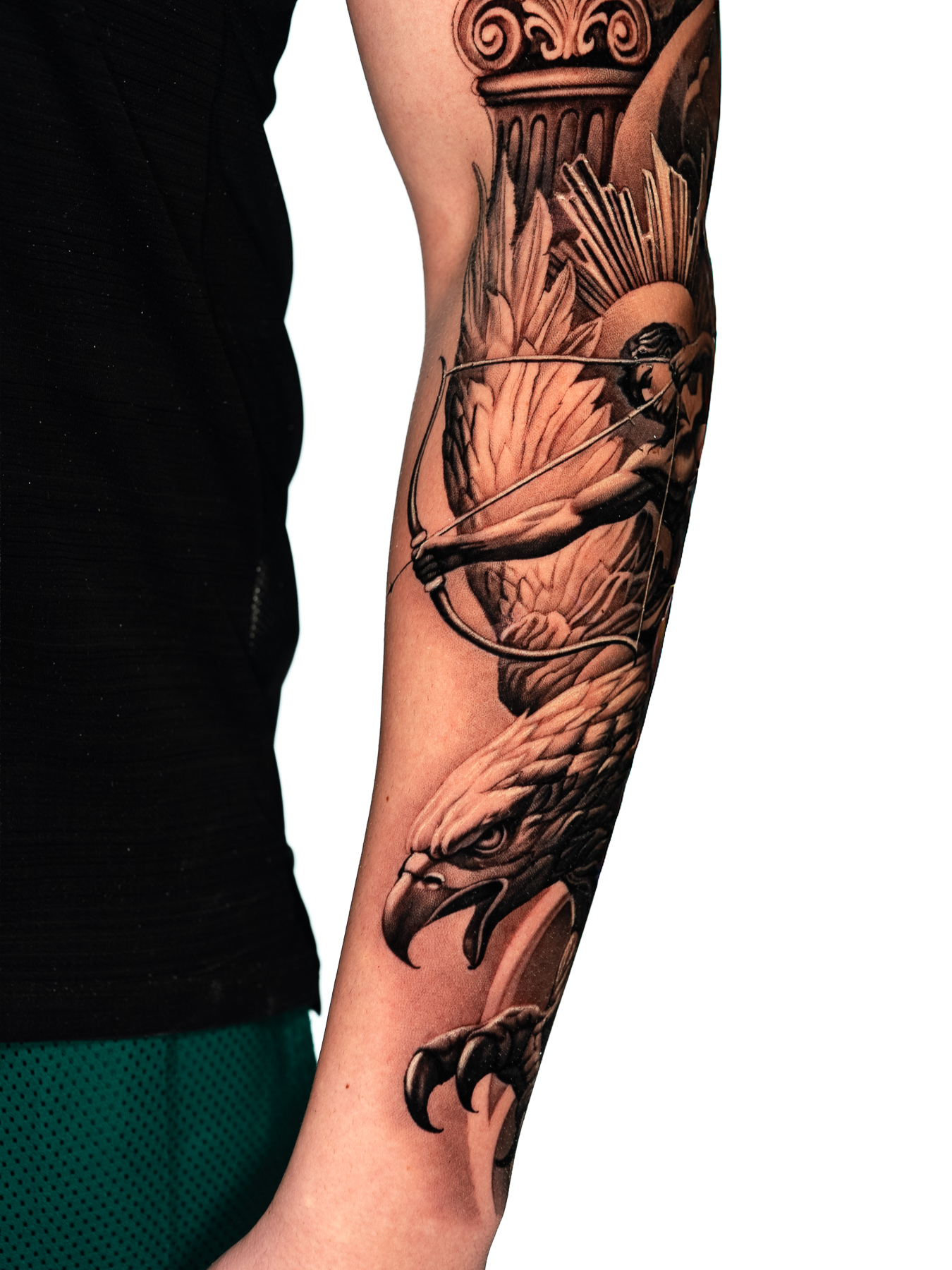 Forearm view of the Becoming black and grey realism sleeve in progress