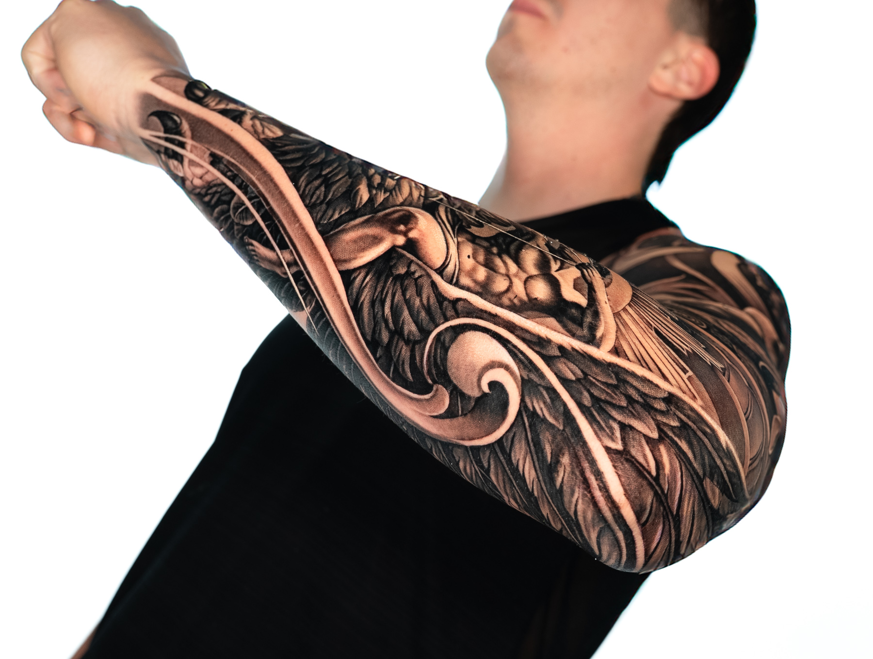 Full side view of the Becoming sleeve with the arm raised